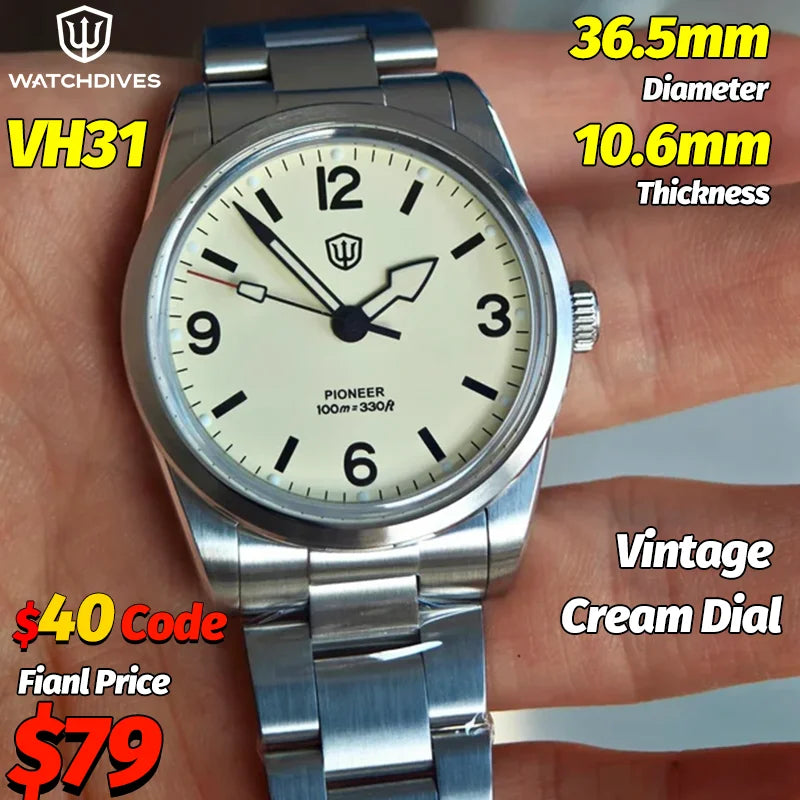 Watchdives WD1960S V2 36mm Vintage Cream Quartz Watch – VH31 Sweep Seconds, K1 Sapphire, Luminous Stainless Steel Men’s Watch