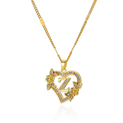 Gold Zircon Heart Initial Necklace – Stainless Steel Letter Pendant Jewelry for Women