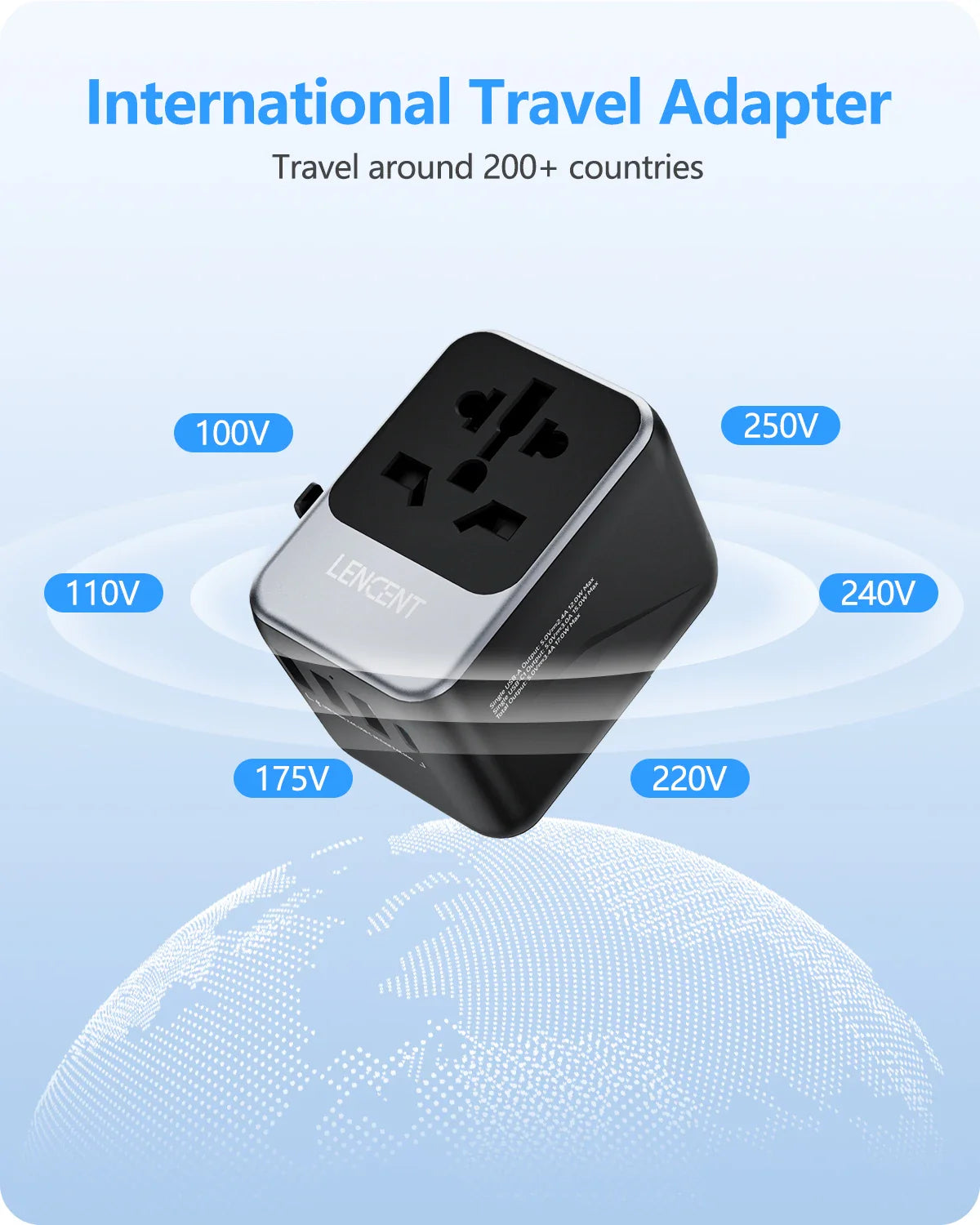 LENCENT Universal Travel Adapter with 3 USB Ports & Type-C PD Charging - EU/UK/USA/AUS Plug, All-in-One Travel Charger