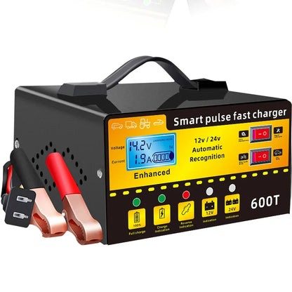 12V/24V Intelligent Car Battery Charger – Automatic Pulse Repair with LCD Display, Voltage & Temperature Detection, High Power Maintenance System