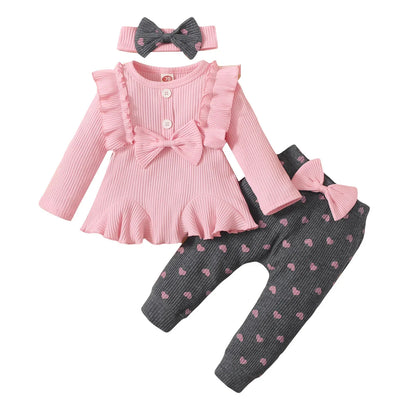 Newborn Baby Girls Clothes Set – Pink Ruffle Top & Heart Print Bow Trousers, Princess Casual Outfit for Infants