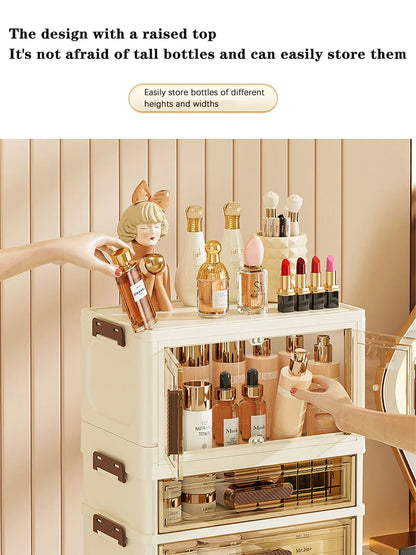 Foldable Transparent Cosmetic Organizer — Multi-Layer Drawer-Style Desktop Beauty Storage Box, Dustproof Makeup Organizer