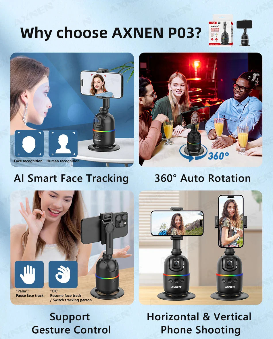 Smart Auto Face Tracking AI Gimbal – 360° Desktop Vlog Stabilizer for Smartphone & Action Camera (Tripod Optional)