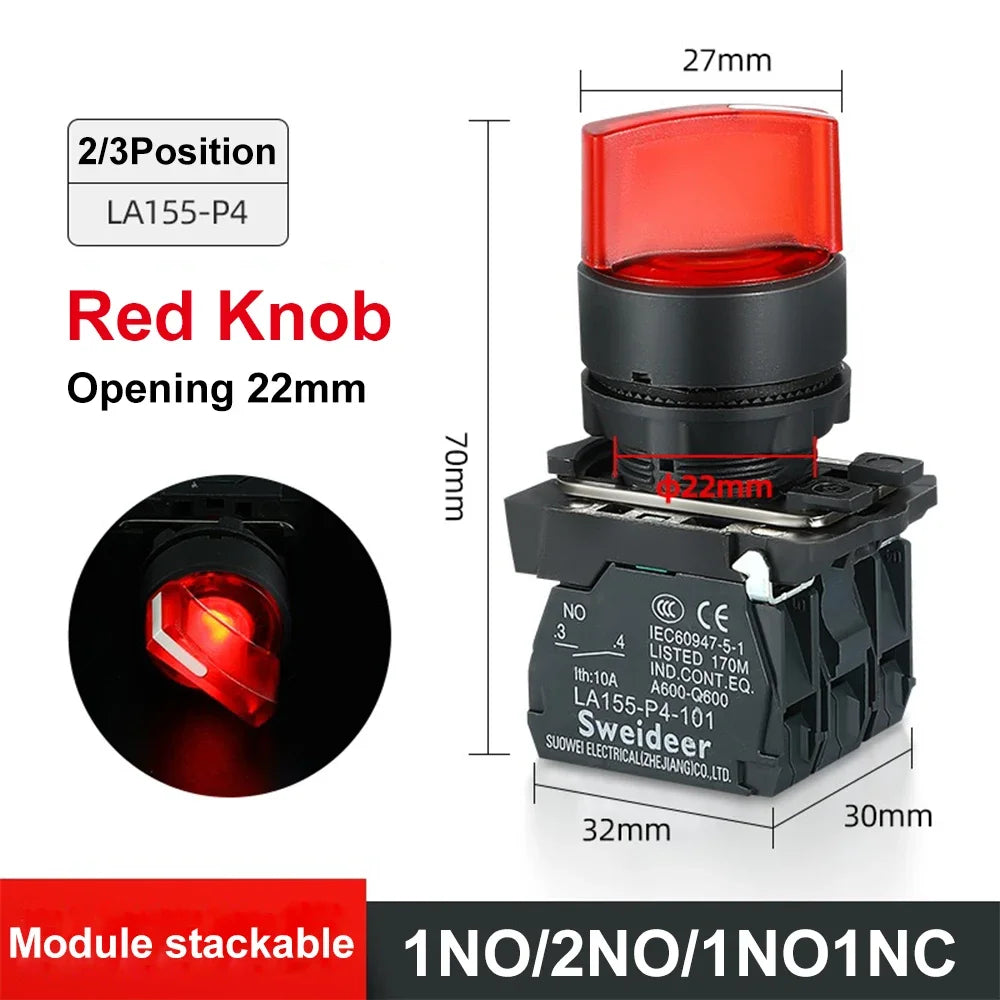 XB4 22mm LED Rotary Selector Switch – 1NO/2NO/1NO1NC Self-Locking 2/3 Position Control Knob 12V/24V/220V 10A Red Green Indicator