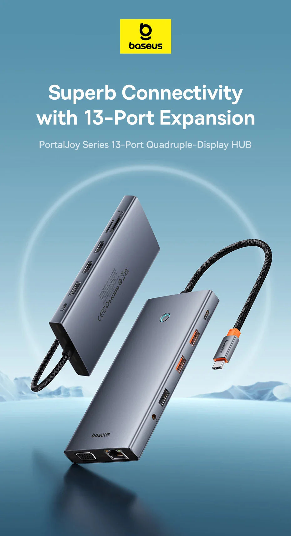 Baseus 13-in-1 USB-C Hub – HDMI, DP 4K 60Hz, RJ45, VGA, PD 100W, USB-A Adapter for MacBook & PC
