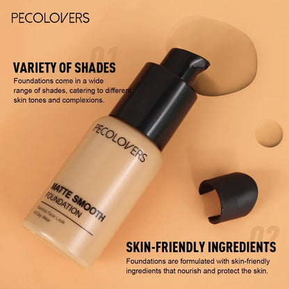 PECOLOVERS Matte Liquid Foundation – Oil-Control, Waterproof Full Coverage Concealer for All Skin Tones