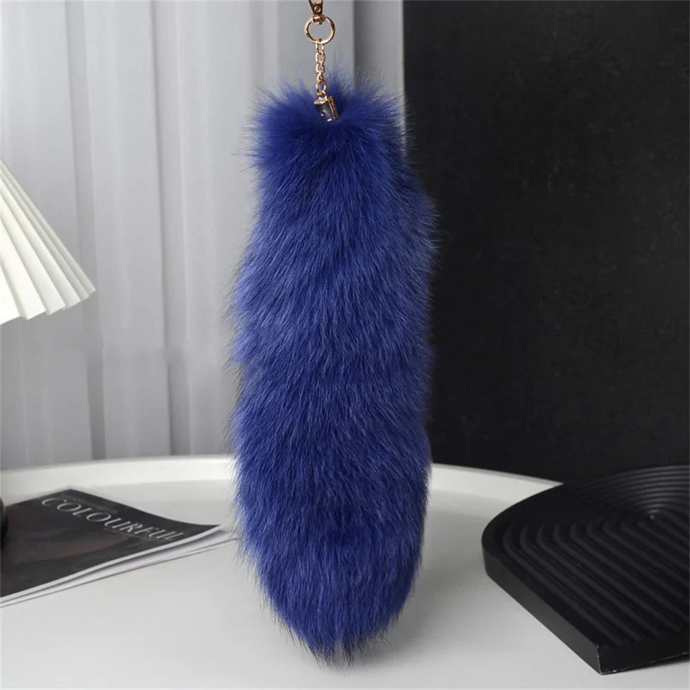 Natural Fox Fur Tail Keychain – 40cm Furry Racoon Bag Charm & Fluffy Keyring Accessory for Women