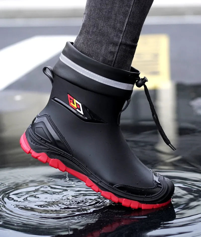 Men’s Ankle-High Fleece-Lined Rain Boots – Waterproof, Anti-Slip, Wear-Resistant Work & Fishing Shoes
