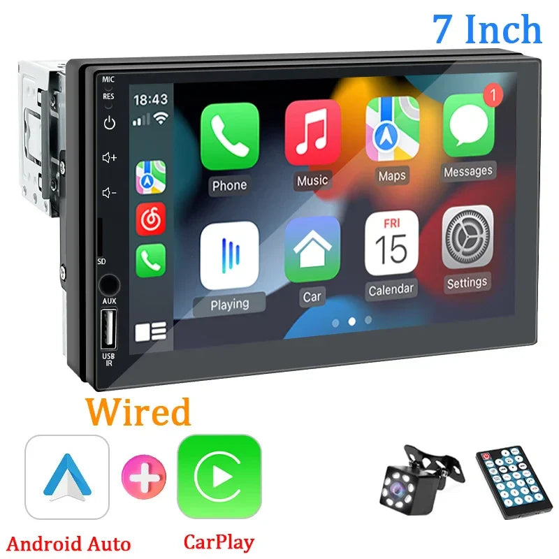 1-DIN Car Radio with 7’’ HD Touch Screen — Android Auto & CarPlay Multimedia Player, FM, AUX, Bluetooth, MirrorLink Universal Autoradio