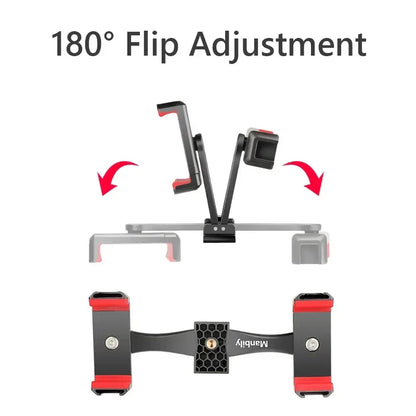 360° Rotatable Dual Phone Holder – Clip Clamp with 4 Cold Shoes & 1/4” Screw for Tripod, Selfie Stick, Vlog & Live Streaming