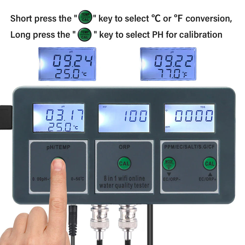Tuya WiFi 8 in 1 Water Quality Tester – S.G, PH, EC, ORP, TDS, CF, Salt, Temp Analyzer for DIY Water Monitoring