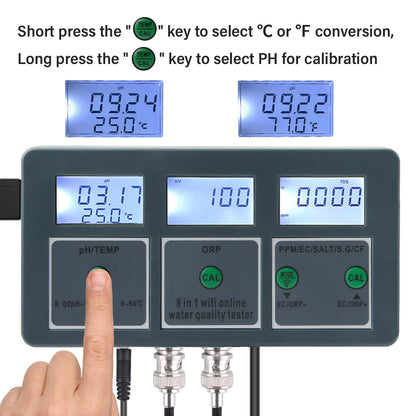 Tuya WiFi 8 in 1 Water Quality Tester – S.G, PH, EC, ORP, TDS, CF, Salt, Temp Analyzer for DIY Water Monitoring