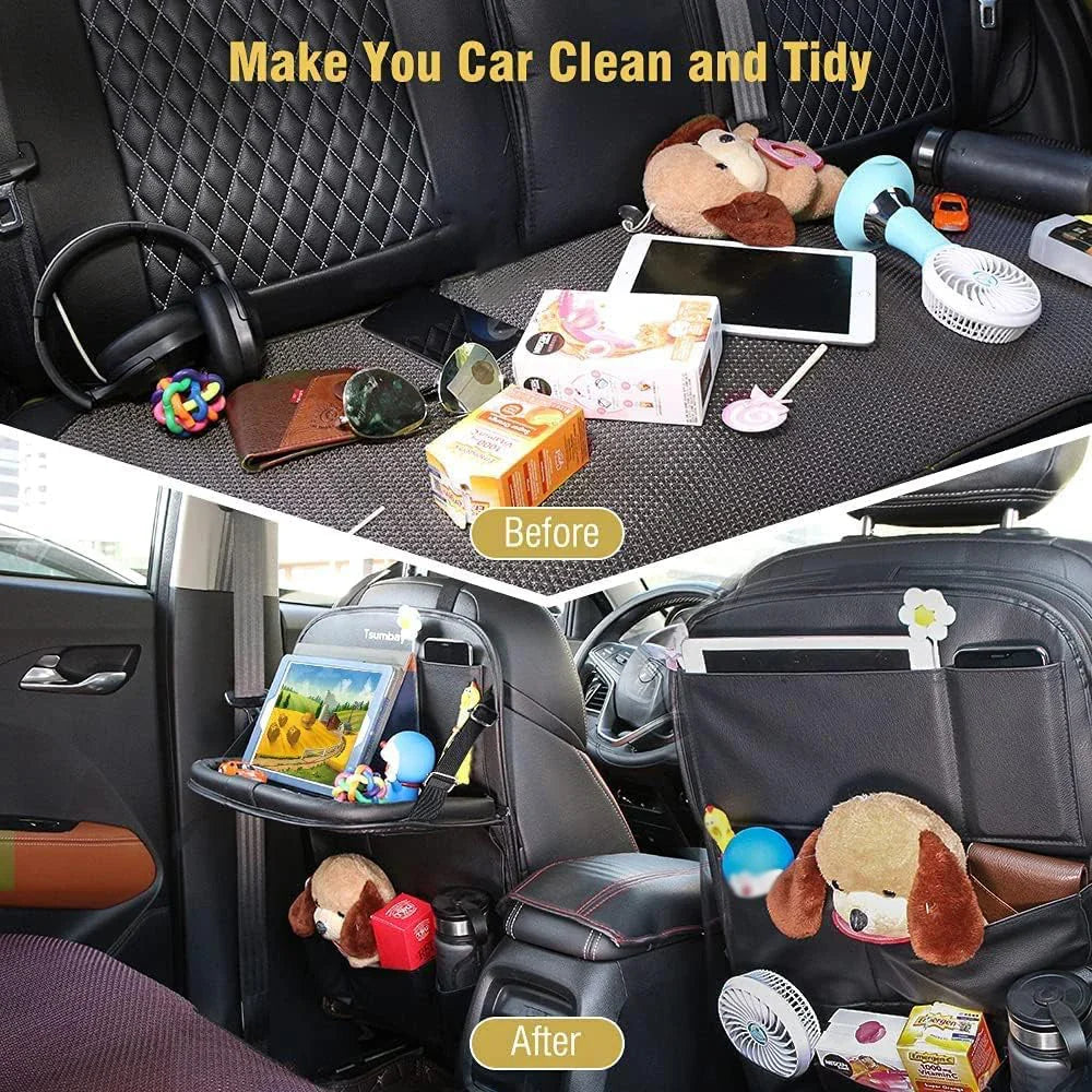 Car Seat Back Organizer with Foldable Table Tray – PU Leather Storage Organizer with Pockets & Kick Mats