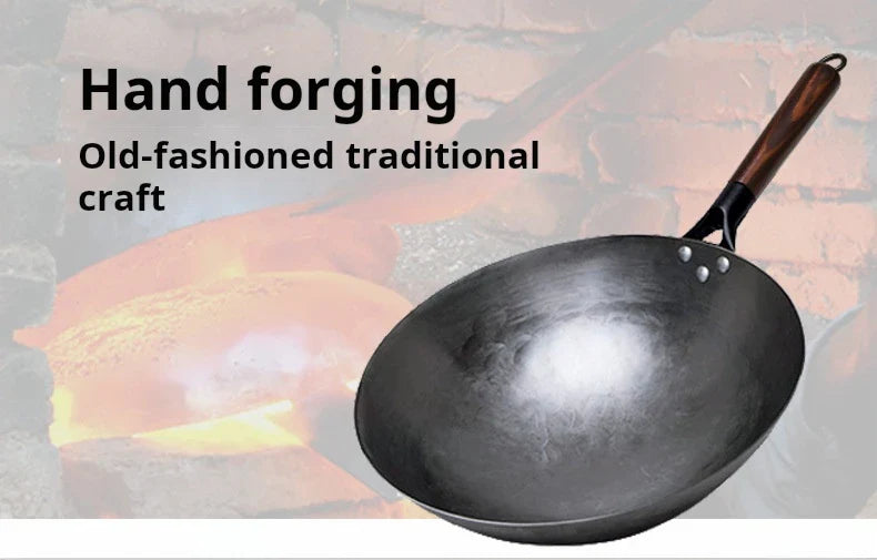 30cm Traditional Hand-Forged Iron Frying Pan, Non-Coated with Wooden Handle, Old-Style Household Cookware