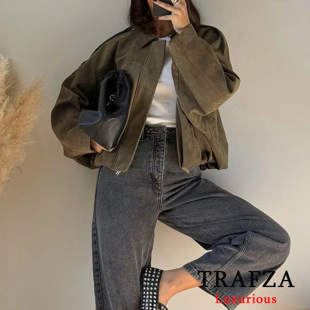 TRAFZA Women’s Casual Bomber Jacket — Oversized Lantern Sleeve Spring/Summer Coat, 2025 Streetwear Zipper Outerwear