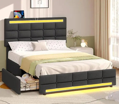 LED Full Size Bed Frame – Upholstered Platform Bed with LED Headboard & Footboard, Square Stitched Tufted Design