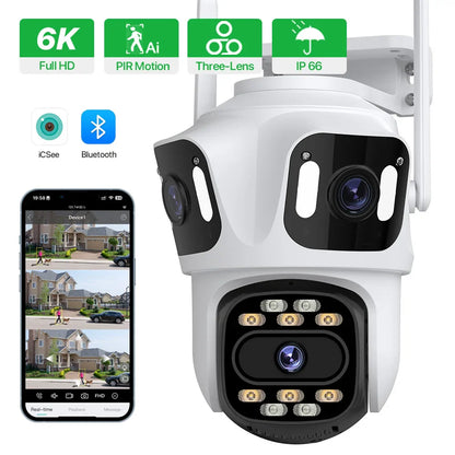 WiFi 6K HD External IP Camera, 4K Outdoor Dual Lens, Auto Tracking, PTZ Security Surveillance Camera with iCsee