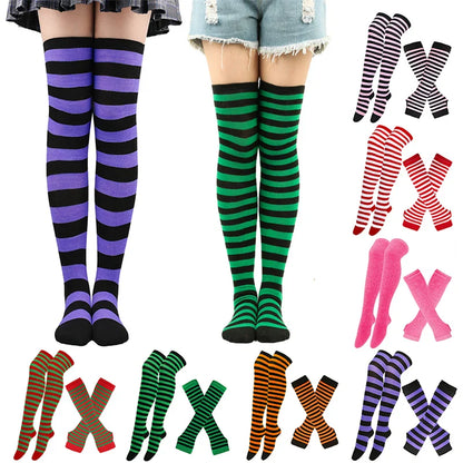 Women’s Over-Knee Long Stripe Socks & Arm Sleeve Gloves – Cute Plus Size Thigh High Cotton Socks