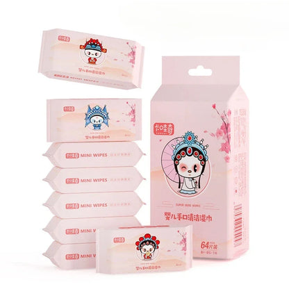 64Pcs Disposable Mini Hand Wipes – Portable Travel Size Hand & Mouth Cleaning Wet Wipes for Home, School & Daily Hygiene Use