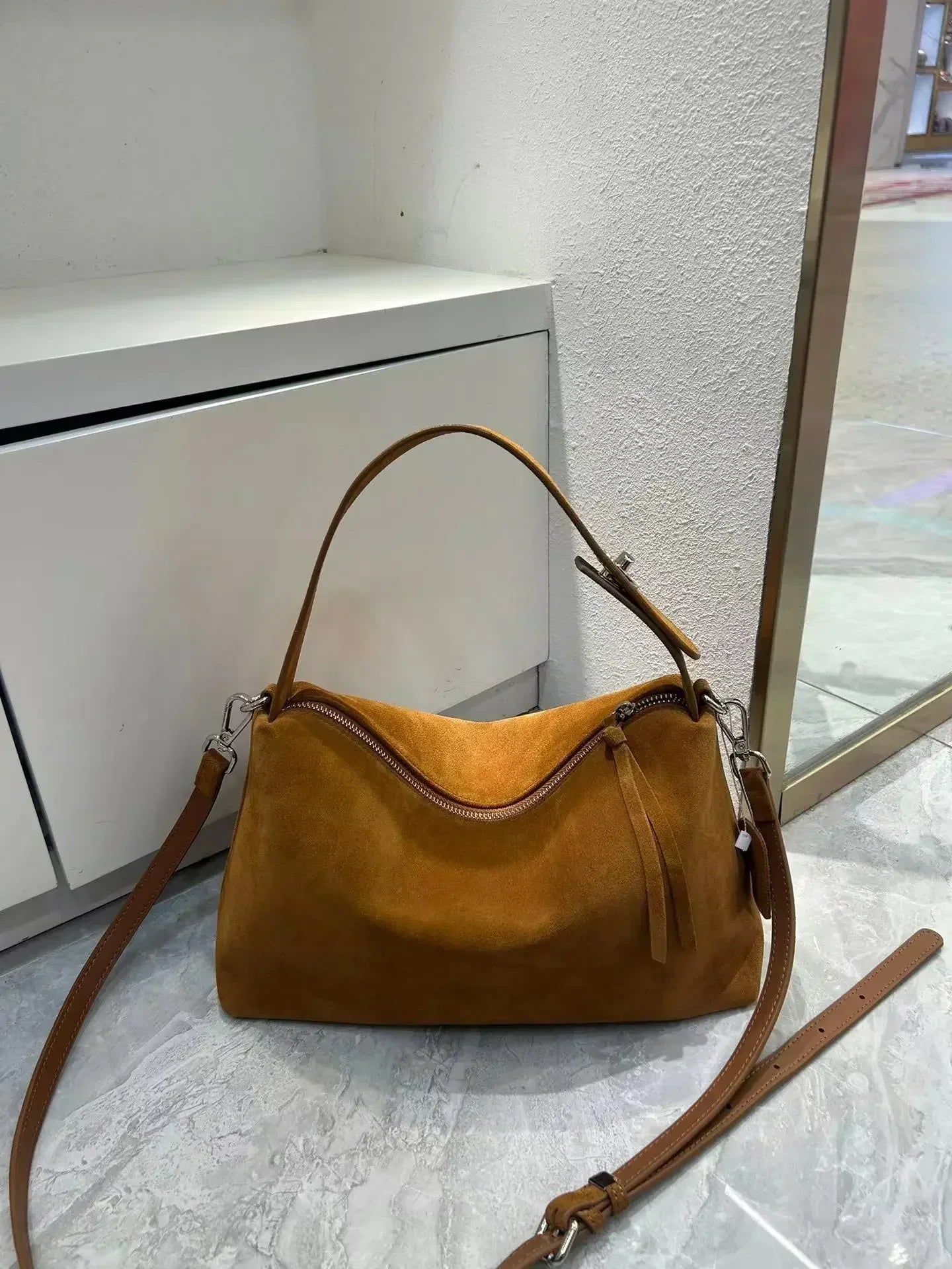 Simple Autumn Winter Grey & Brown Boston Tote — Soft Matte Suede Cow Leather Women's Shoulder Handbag