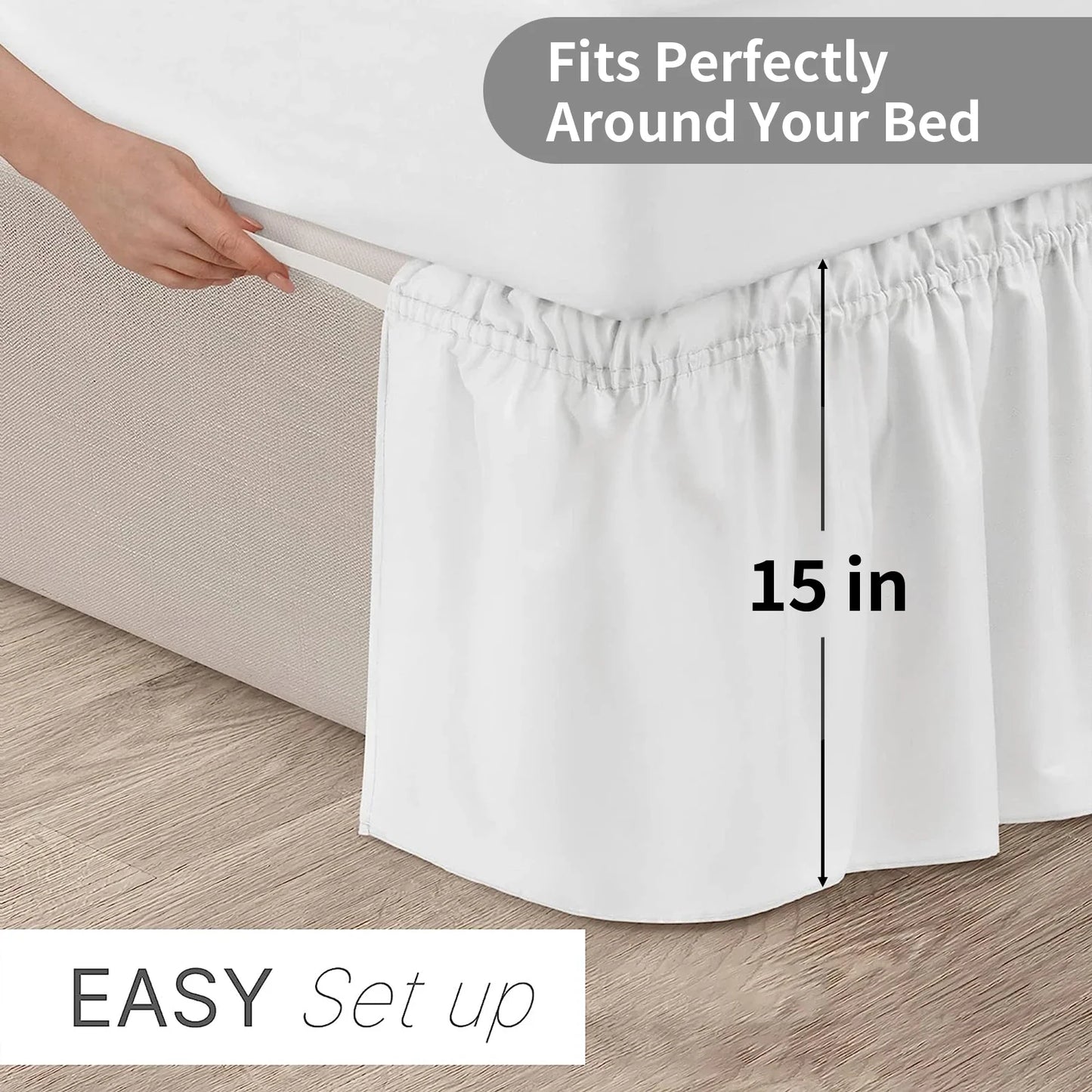 Elastic Wrap Around Bed Skirt – Wrinkle, Fade & Shrink Resistant Easy Fit Dust Ruffle for Adjustable Beds