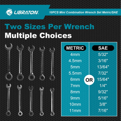 LIBRATON 10-Piece Mini Combination Wrench Set with Rolling Pouch – Metric & SAE Carbon Steel 4-11mm / 5/32"-7/16"