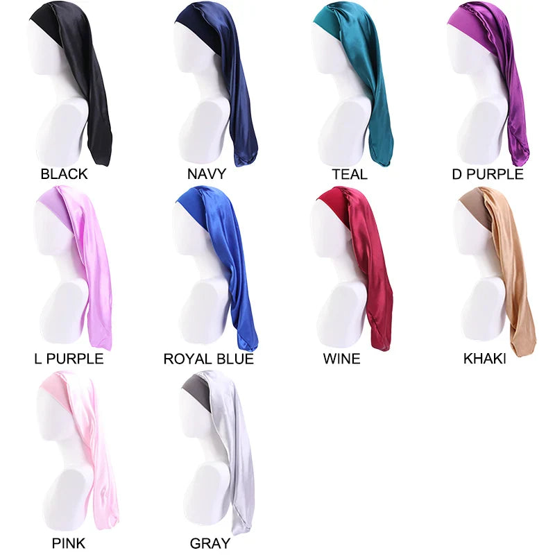 New Long Satin Bonnet Sleep Cap for Women - Silky Sleeping Cap with Wide Elastic Band - Hair Care Turban for Braids, Curly, and Natural Hair