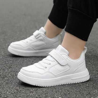 Kids' Black Leather Sneakers – Non-Slip Casual Walking & Tennis Shoes for Boys and Girls