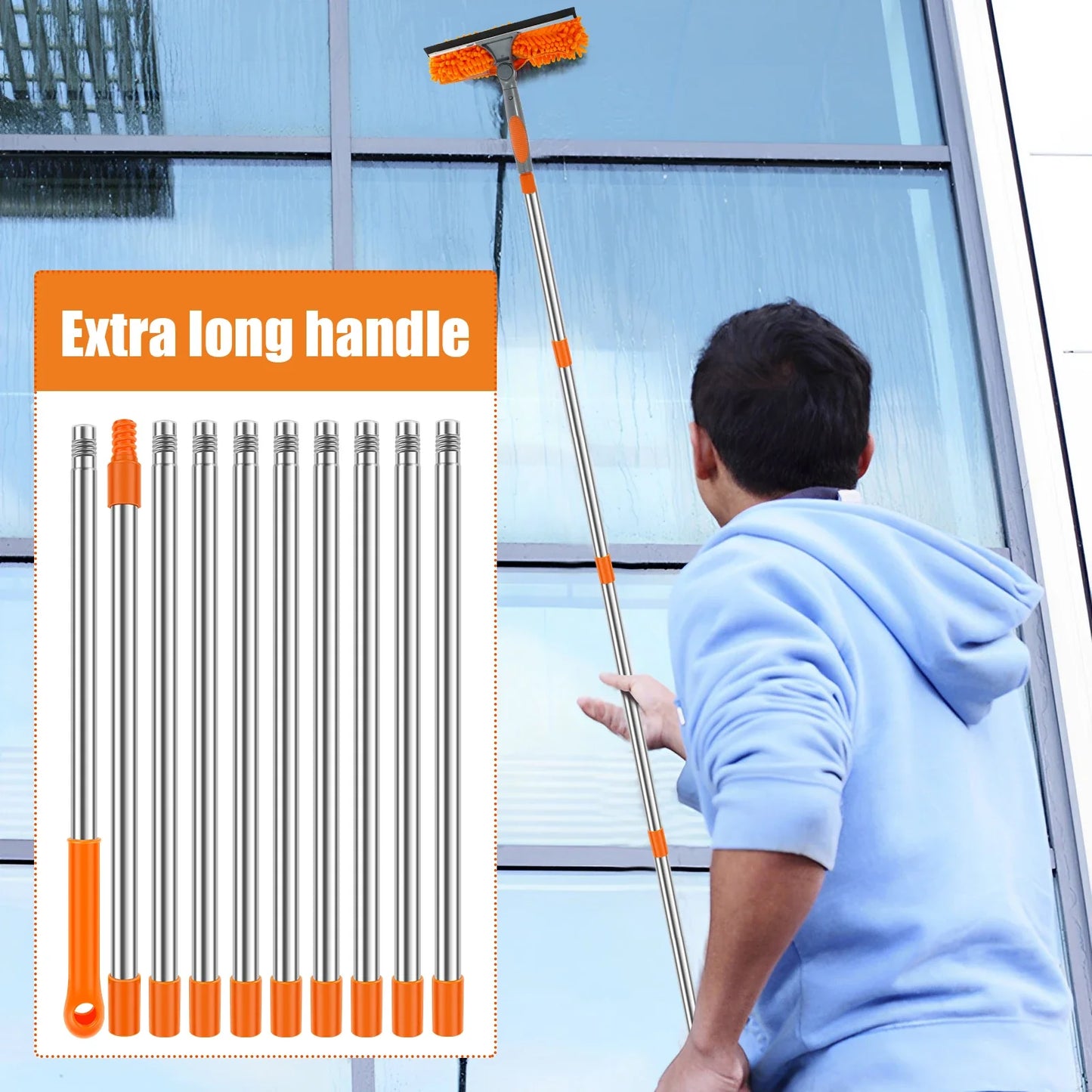 100–420CM Extendable Window Cleaning Kit | 2-in-1 Double-Sided Glass Squeegee & Duster Mop | 180° Swivel Window Cleaner Tool