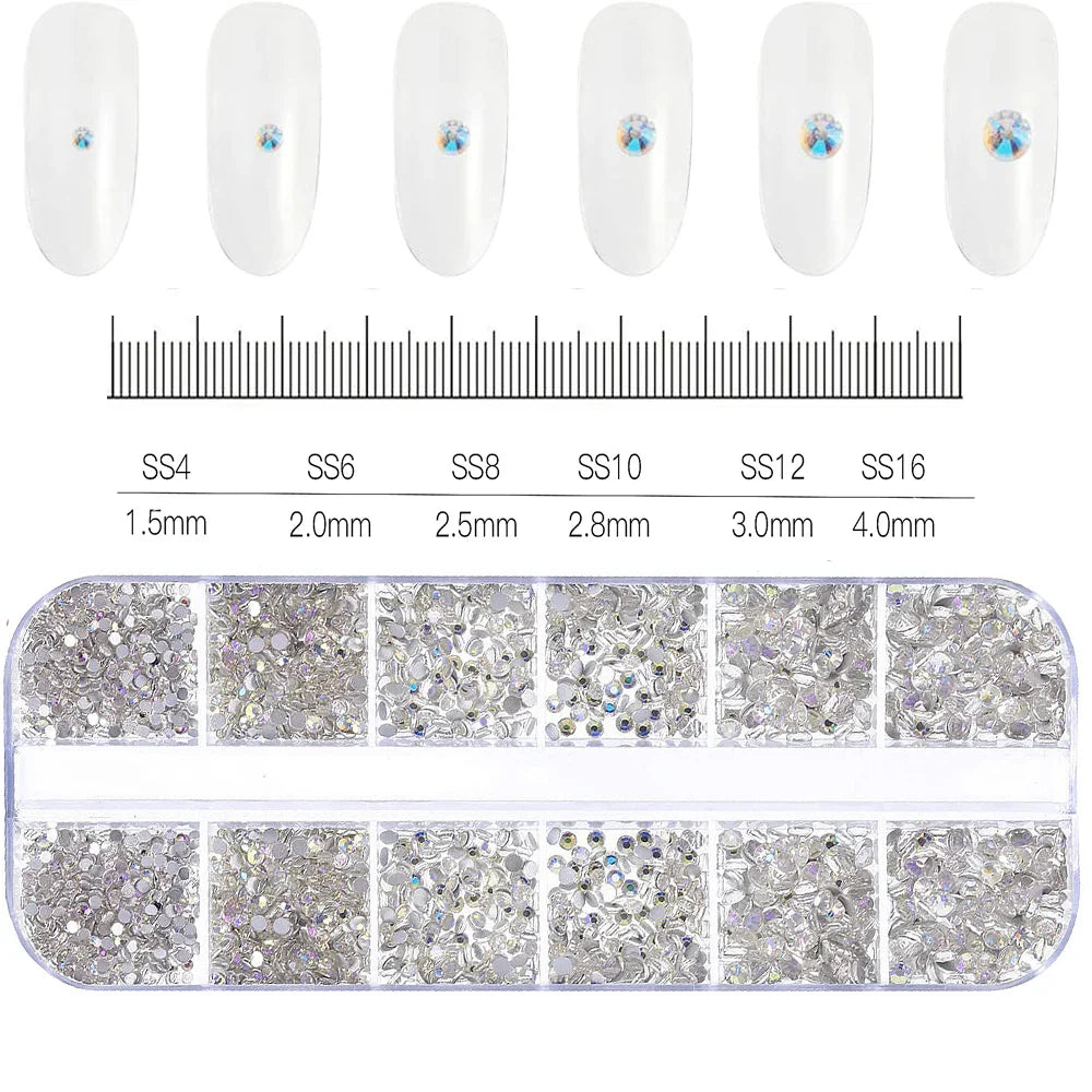 12-Grid 3D Glass AB Crystal Nail Art Rhinestones Kit – Flatback Round Beads with Tools for Nail Jewelry & Diamond Decoration