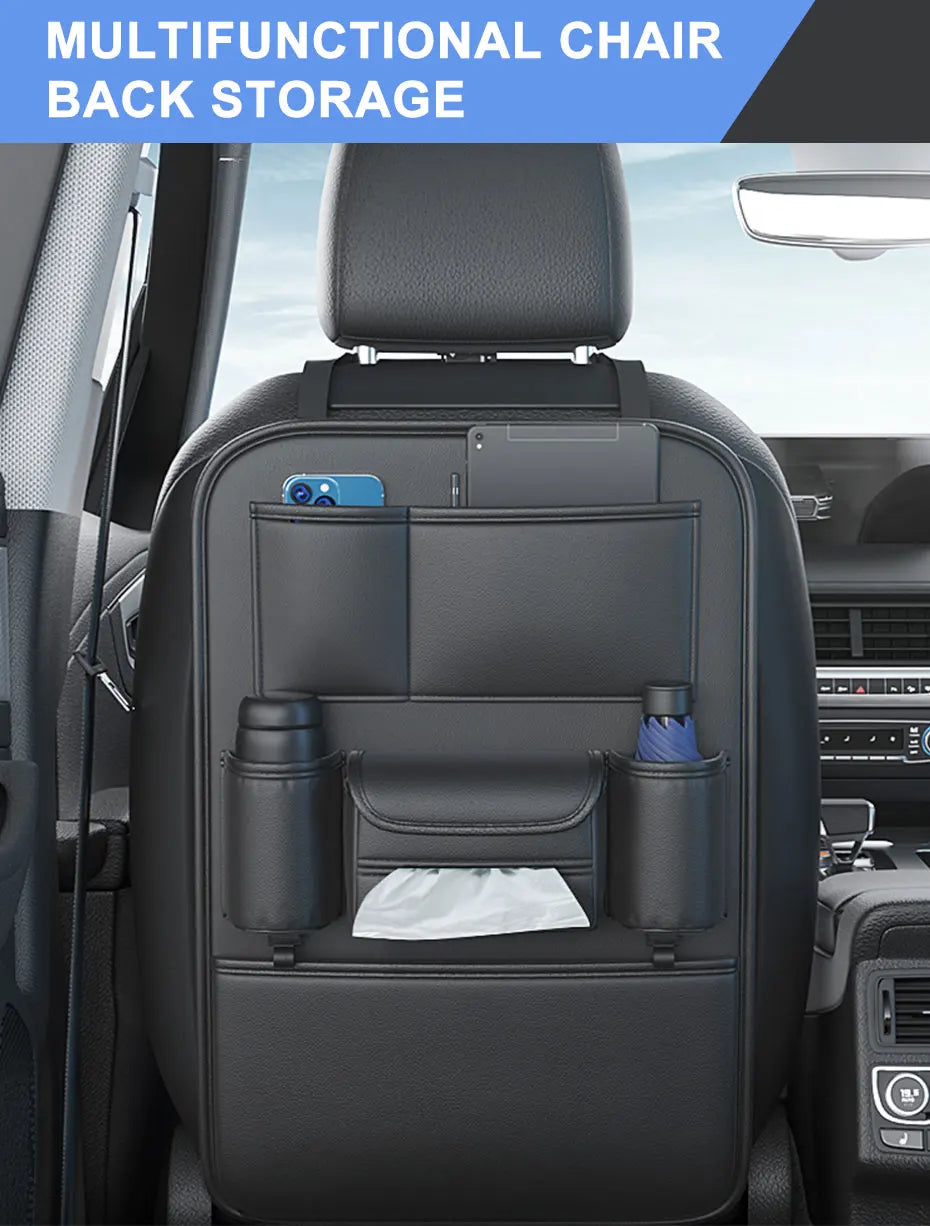 All-in-One Car Seat Back Storage Bag – Upgraded 6 Pocket Organizer with Hook, Tissue Holder, Anti-Kick Pad & Cup Holder