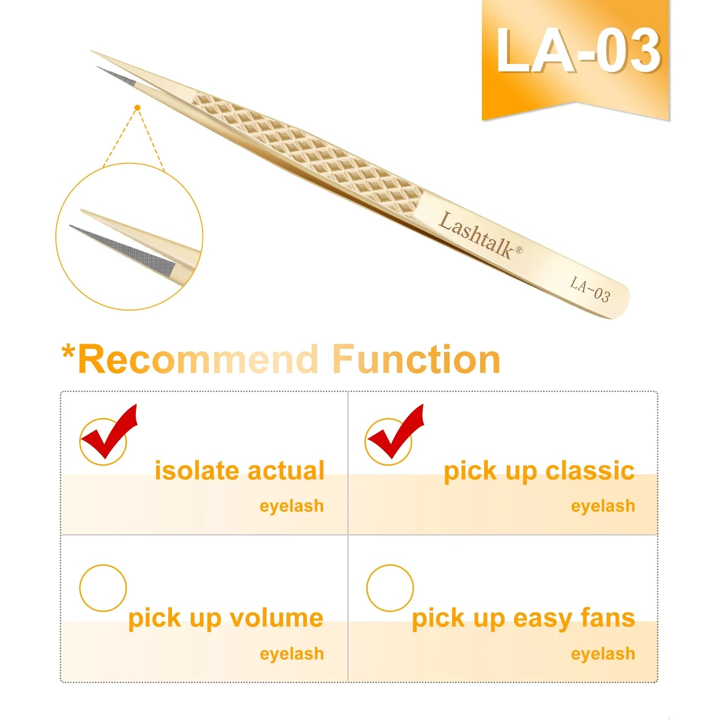 Lashtalk Precision Fiber Tip Tweezer - Diamond Grip Anti-Slip Gold Stainless Steel for Eyelash Extensions Makeup by Nagaraku