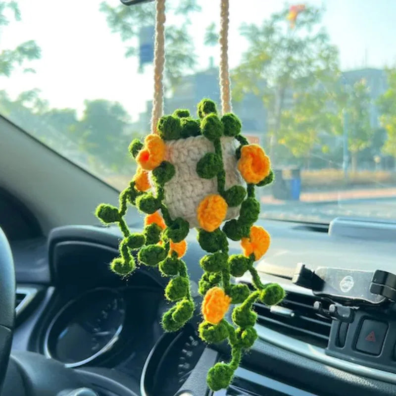 Cute Crochet Potted Plants Car Basket – Hanging Car Decor & Rear View Mirror Ornament Accessories
