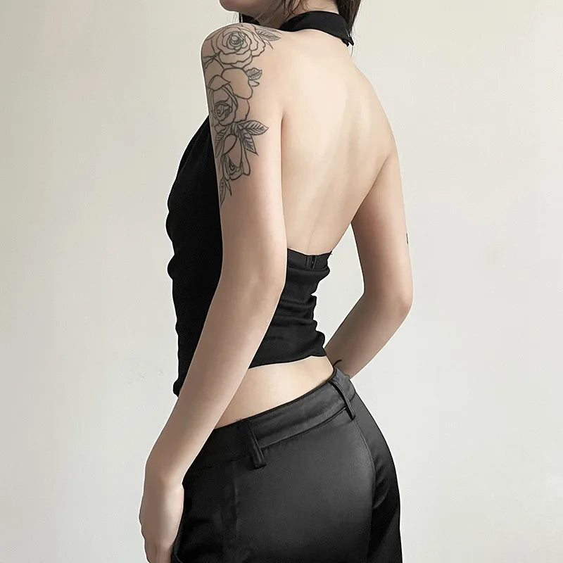 Women’s Solid Color Halter Vest – Casual, Sexy, All-Match Summer Top for Travel & High Street Style