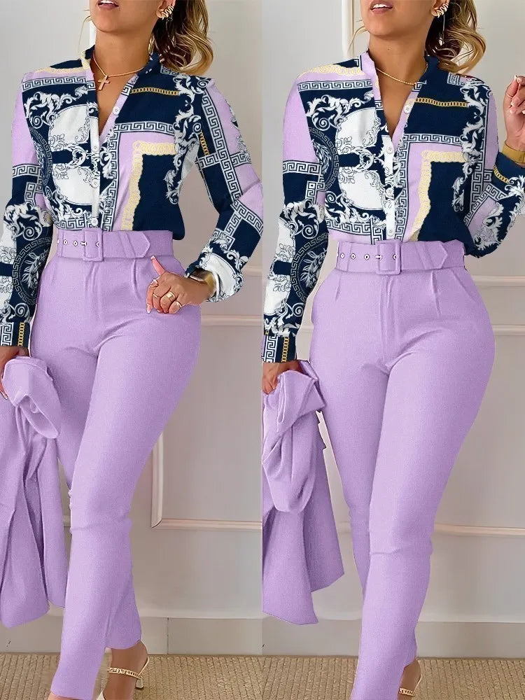 Women’s Autumn Winter Two-Piece Set – Stand Neck Floral Shirt & Pants with Belt, Elegant Casual Outfit