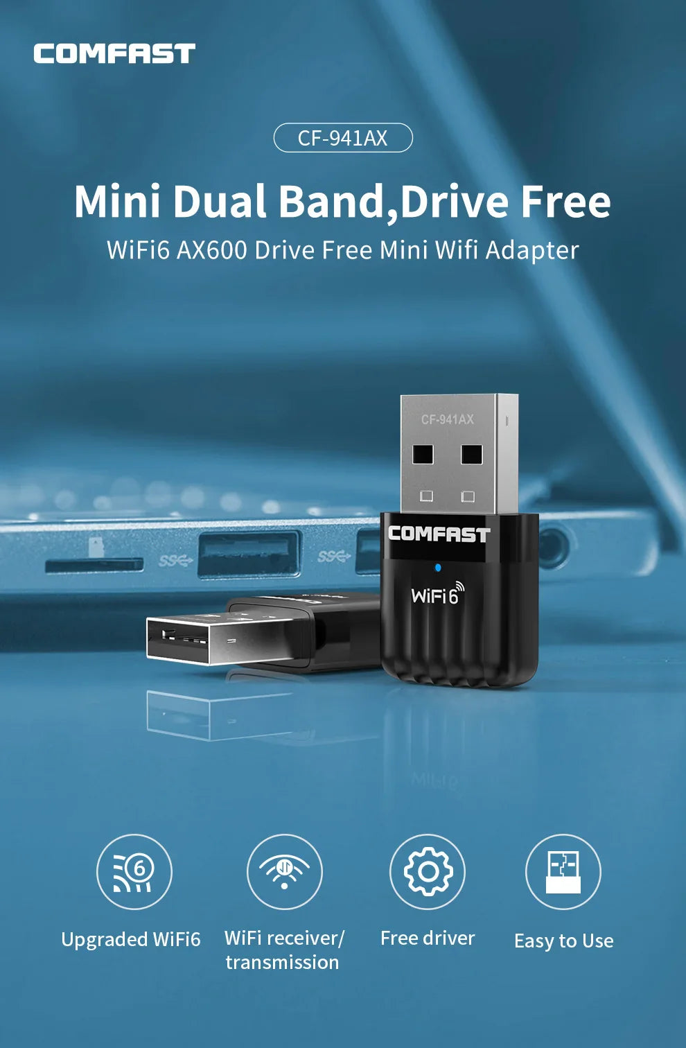 Comfast WiFi 6 USB Adapter – Mini Wireless Dongle Network Card for PC & Laptop 600Mbps