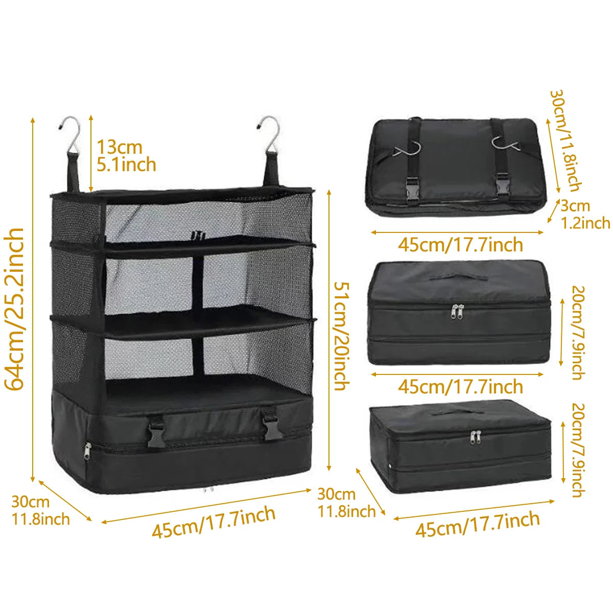 Portable Travel Luggage Organizer – 3-Shelf Collapsible Hanging Closet & Packing Cube Storage Bag