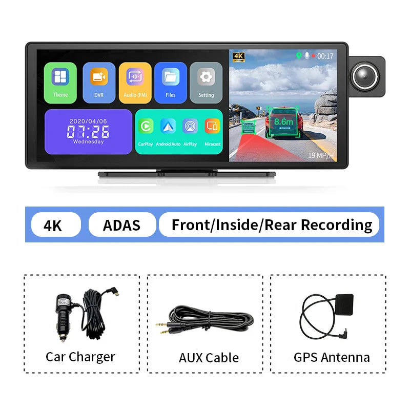 11.3" Imagebon H50 Dash Cam — 4K, 3-Channel, ADAS, Wireless CarPlay & Android Auto, Time-Lapse & 24H Parking Monitor Black Box