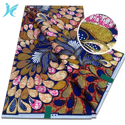 New African Grand Super Batik Fabric - Soft Real Print Glitter Gold Ankara Wax Fabric for Dresses & Sewing