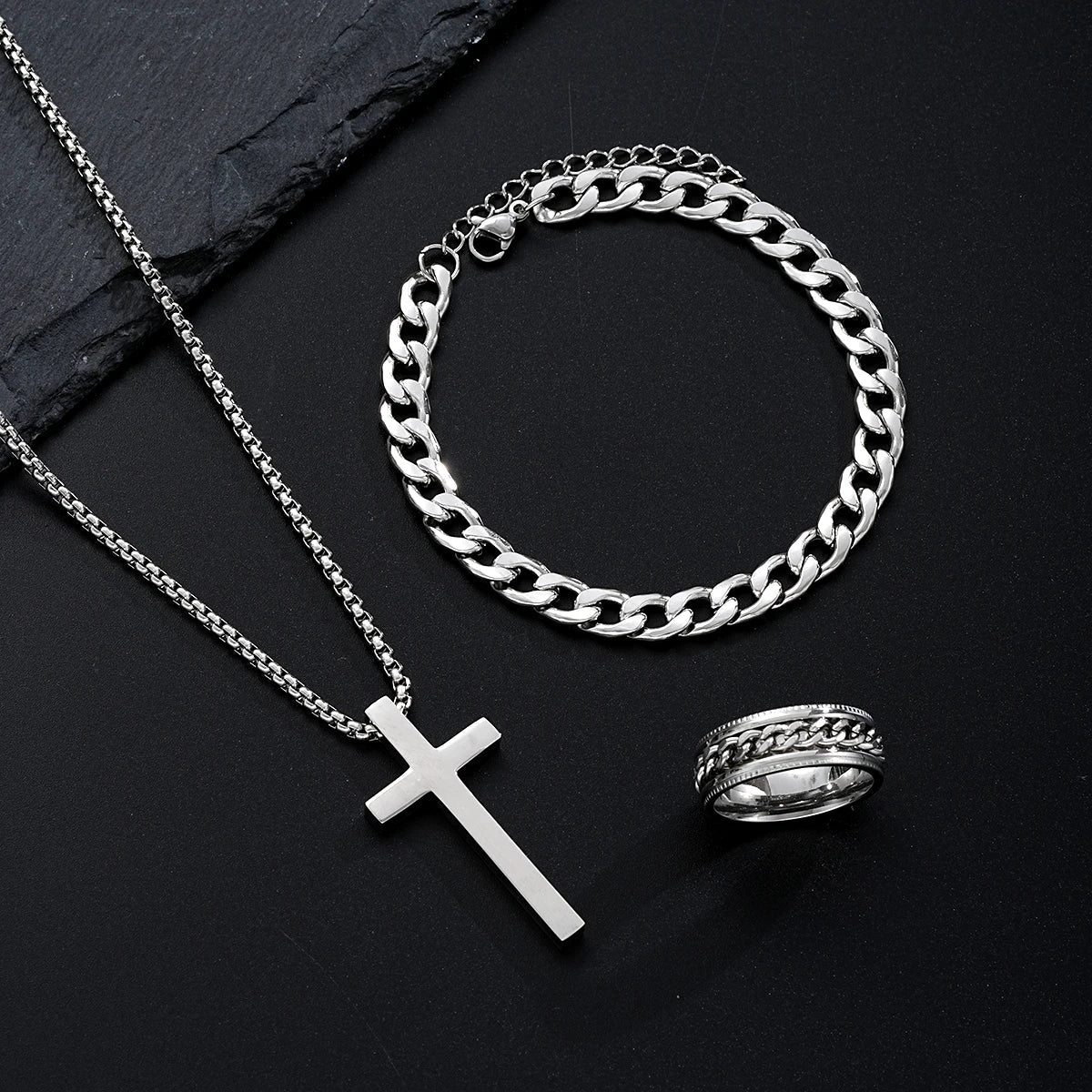 3-Piece Stainless Steel Jewelry Set – Men’s & Women’s Retro Bracelet, Necklace, Ring for Punk Hip Hop Fashion