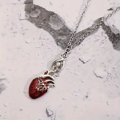 Gothic Vampire Bat & Bloody Heart Pendant Necklace – Pagan Witch Jewelry, Anatomy Heart Halloween Accessory Gift