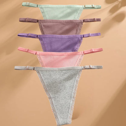5PCS Cotton G-String Panties Set — Sexy Women’s T-Back Underwear, Adjustable Waist Thong Lingerie Briefs