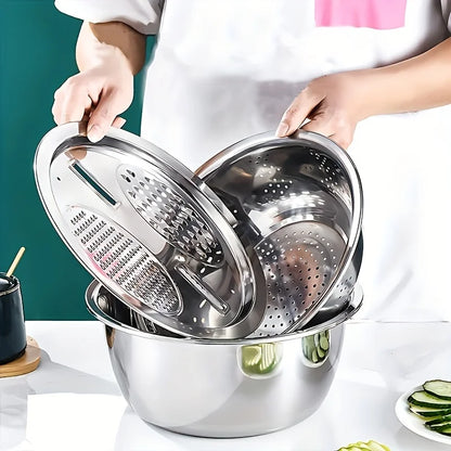 3-Piece Stainless Steel Strainer & Mixing Bowl Set – Multifunctional Fruit & Vegetable Washer and Slicer