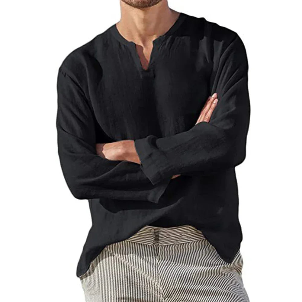 Men's Cotton Linen Shirt — Cozy Solid Color Long Sleeve V-Neck Casual Hawaiian Top, Lightweight & Breathable