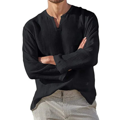 Men's Cotton Linen Long Sleeve Shirt - Breathable V-Neck Casual Lightweight Hawaiian Style Top