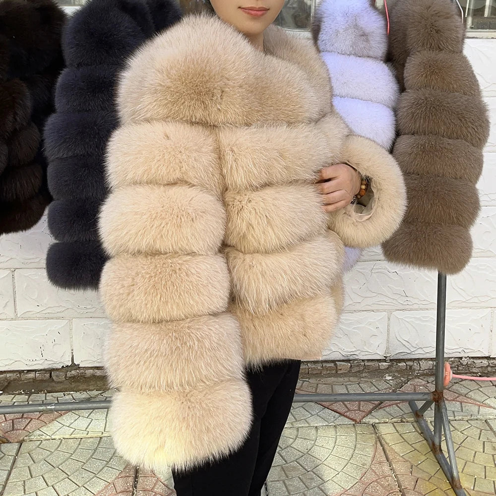QUEENTINA Women’s Real Fox Fur Coat – Brown Leather & Skin Winter Fashion Outerwear 2025
