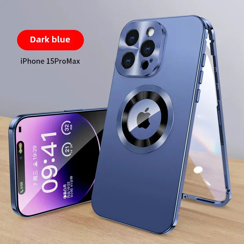 Magnetic Absorption Phone Case for iPhone 16/15/14/13 Pro Max – Aluminum Alloy & Glass Full-Body, Anti-Fall Protection