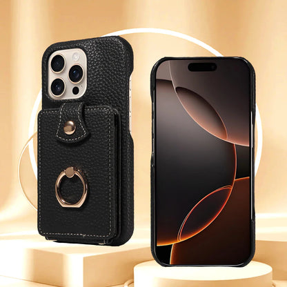 PU Leather iPhone Case with Ring & Card Slots – Anti-Fall Wallet Cover for iPhone 16 Pro Max, 15, 14, 13, 12, 11, 7, 8 Plus & 16e