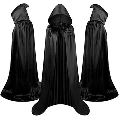 Unisex Halloween Hooded Black Cloak Witch Robe Long Cape Cosplay Costume Party Prop