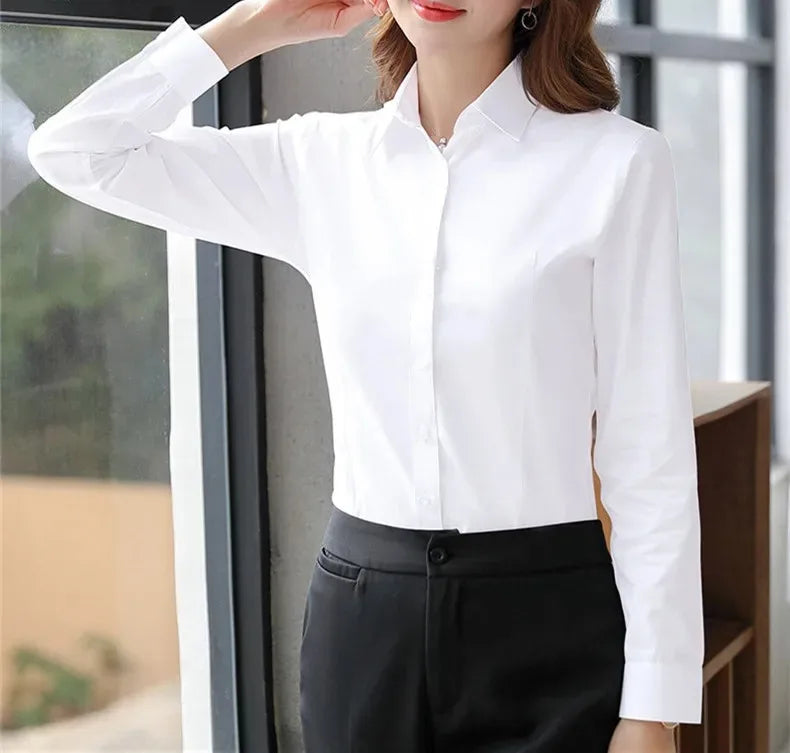 Women’s Solid Button Blouse — Long Sleeve Office Shirt, Elegant Work Top